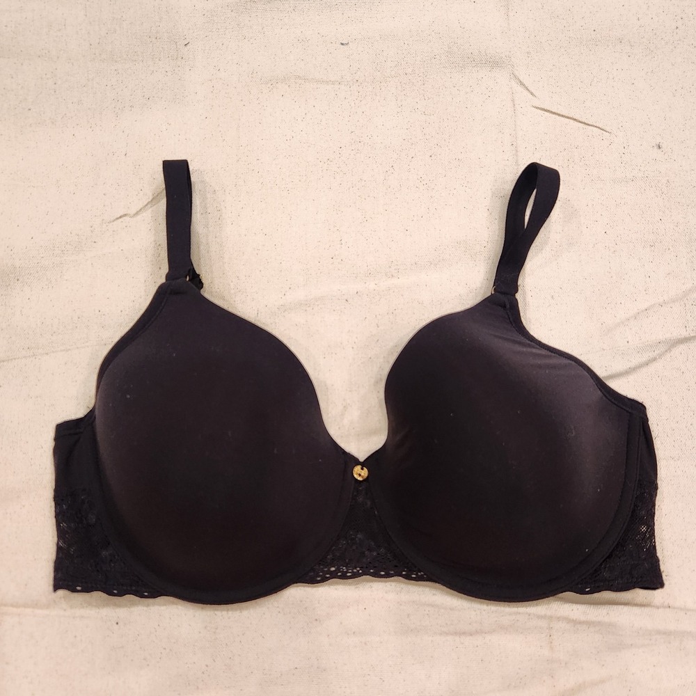 New Natori Black Full Figure Underwire Bra Size 36DD Lace Trim Gold 721154